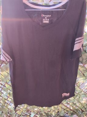 Champion Black V-Neck Tee with Gray Sleeve Stripes